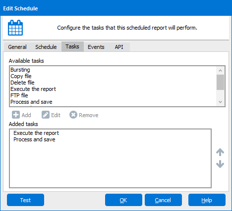 The Edit Schedule dialog with the Tasks tab selected.  Within this tab you select the desired tasks which includes bursting, copy file, delete file, report execution, process and save, and run application.